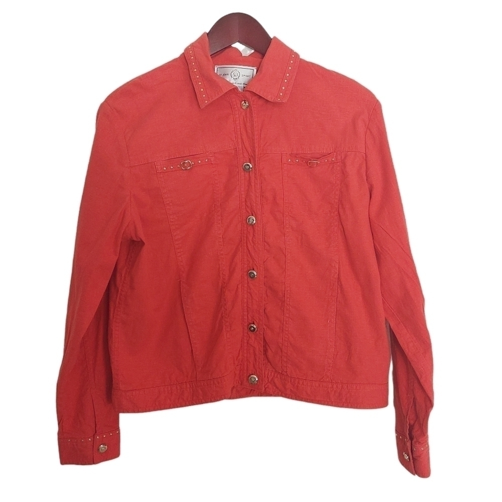ST JOHN SPORT Linen Blend Jacket Sz Small Orange Button Up Gold Studded Career